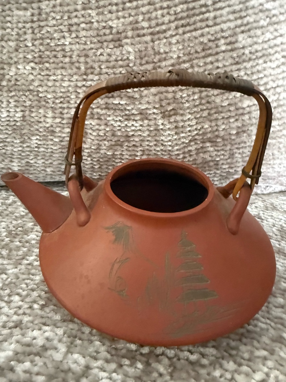 Yixing Zisha Red Clay Teapot Bamboo Handle Chinese Calligraphy Vintage